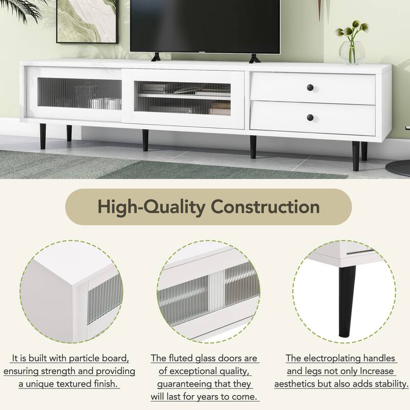 TV Stand with Sliding Fluted Glass Doors for TVs Up to 75" Bed Bath